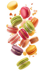 Obraz premium colorful macaroon cakes floating isolated on white background