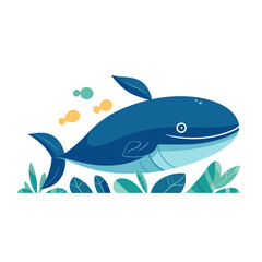 Obraz premium Vector illustration of a whale swimming among aquatic plants and fish