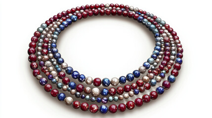 Obraz premium Colorful bead necklace design featuring red, blue, and silver pearls, showcasing vibrant and elegant style. Perfect for jewelry enthusiasts and fashion lovers