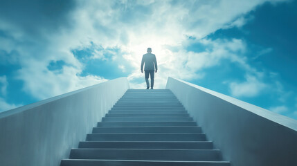 Business man walking up stairs toward bright blue sky
