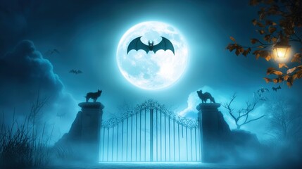 Fototapeta premium A spooky scene featuring a bat perched on an ancient gate under a full moon.