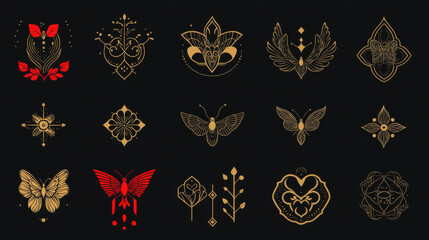 Elegant collection of vintage logo designs featuring floral and butterfly motifs in red and gold on dark background, perfect for branding and artistic projects