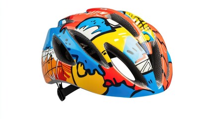 Fototapeta premium A colorful cycling helmet featuring a vibrant graphic design for safety and style.