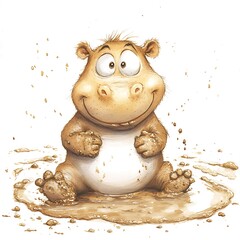 Naklejka premium A Cheerful Hippopotamus Sitting in a Mud Puddle, Whimsical Children's Illustration.