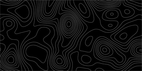 Fototapeta premium Abstract white on black background with Topographic line map pattern. abstract wavy and curved lines background. linear map. Dark seamless design. Bold tile able isolines pattern. Vector illustration.