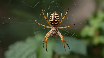Close-up of a spider in its web, showcasing intricate details of its body and the web's structure against a blurred green background.