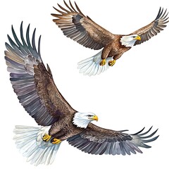 Obraz premium Two Majestic Bald Eagles in Flight, Watercolor Illustration.