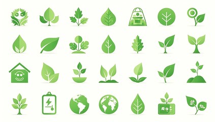 Ecology icon set. Environment, sustainability, nature, recycle, renewable energy; electric bike, eco-friendly, forest, wind power, green symbol. Solid icons vector, generative ai