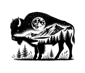 silhouette of a bison, incorporating a double-exposure effect with night, forest, mountain, moon, star, landscapes inside engraving black and white outline