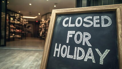 a chalkboard standing in front of the cafe that reads “CLOSED FOR HOLIDAY”, indicating that all businesses are closed for the holiday.