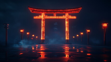 a cinematic view of torii gate, cyberpunk style on dark background