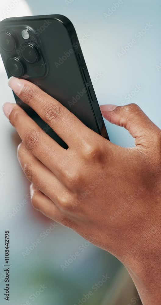 Poster closeup, person and hands with smartphone for scroll, online communication and connection with conta