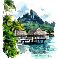 Watercolor Painting of Overwater Bungalows in Bora Bora with a Mountain Background.
