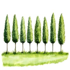 Watercolor painting of eight cypress trees in a row on a grassy field, isolated on white background.