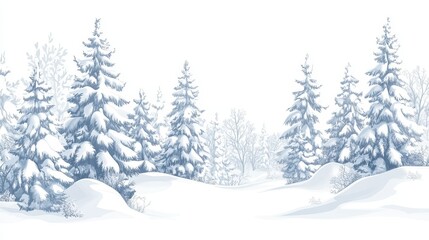 Fototapeta premium White vector winter landscape with snow covered pine trees on a white background illustration, in clipart style. Template concept with copy space. Decorative card or banner design