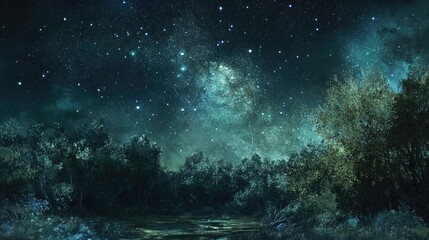 Fototapeta premium A serene night sky filled with stars over a tranquil, wooded landscape.