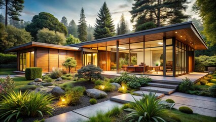 Fototapeta premium Mid Century Modern Home with Expansive Windows and Minimalist Landscaping, Perfect for Contemporary Living Environments and Architectural Design Inspiration