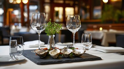 Elegant table setting at a fine dining restaurant with an artistic presentation of oysters on a slate platter, accented with microgreens and aromatics,

