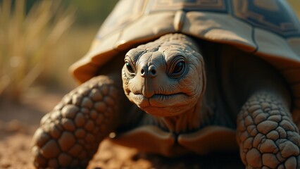 Naklejka premium A close-up of a tortoise's face, capturing its wise expression, textured shell, and peaceful demeanor.