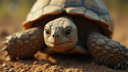 Naklejka premium A close-up of a tortoise's face, capturing its wise expression, textured shell, and peaceful demeanor.