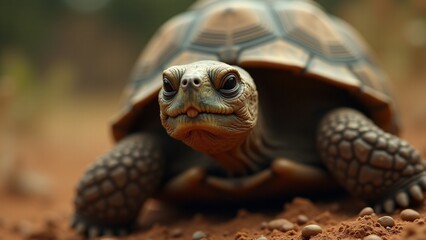 Naklejka premium A close-up of a tortoise's face, capturing its wise expression, textured shell, and peaceful demeanor.