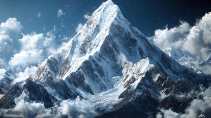 Obraz premium Majestic snow capped mountain peak surrounded by clouds and blue sky, showcasing beauty of nature and grandeur of Himalayas
