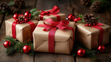 Beautifully wrapped gifts with red ribbons and festive decorations create warm holiday atmosphere. arrangement includes pinecones and red ornaments, enhancing seasonal charm