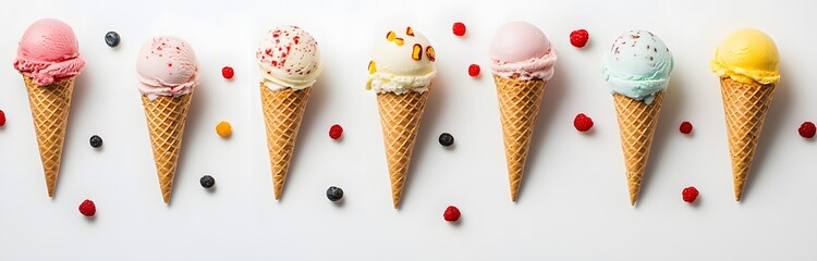 A row of colorful ice cream cones decorated with fresh berries. Sweet summer treat!