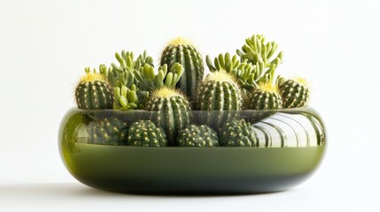 A decorative arrangement of cacti and succulents in a sleek glass planter.