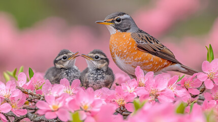 parent robin bird feeding its young chicks amidst vibrant pink flowers, showcasing nurturing moment in nature. scene captures beauty of spring and bond between mother and her offspring
