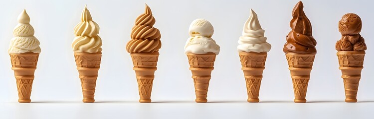 Seven delectable ice cream cones in various flavors, including vanilla, chocolate, and coffee, are arranged in a row against a bright white background.