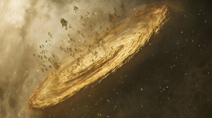 Fototapeta premium A swirling, golden celestial body in space, with debris falling onto its surface.