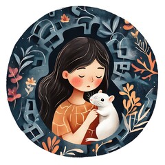 A tender illustration of a young girl gently holding a white rat, encircled by a whimsical floral and geometric design.