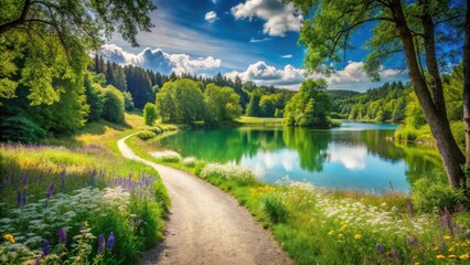 Obraz premium Serene Summer Landscape with Dirt Path to Tranquil Lake under Clear Blue Sky - Perfect Summer Getaway Destination