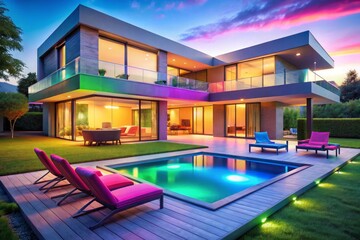 Fototapeta premium Modern House 3D Illustration with Neon Lights and Pool at Sunset