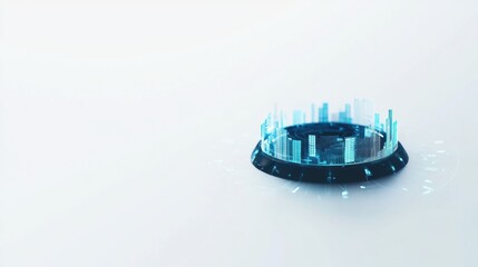 A futuristic, circular holographic display features towering blue structures, symbolizing advanced technology or digital landscapes.