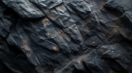 High-resolution photography of rough black stone formations with deep shadows.