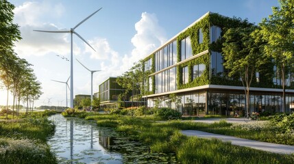 Obraz premium A modern eco-friendly building surrounded by greenery, wind turbines, and a serene waterway, showcasing sustainable architecture and nature integration.