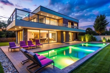 Fototapeta premium Modern House 3D Illustration with Neon Lights and Pool at Sunset