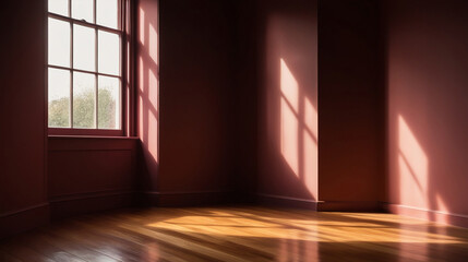 Fototapeta premium Empty room corner with light and shadows from window on red walls and wooden floor