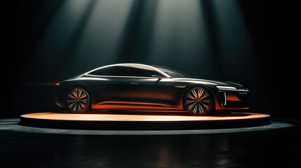 Fototapeta premium A sleek, modern car displayed on a pedestal under dramatic lighting.