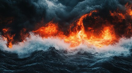 An ocean with big waves and huge flames with black smoke. Abstract background concept