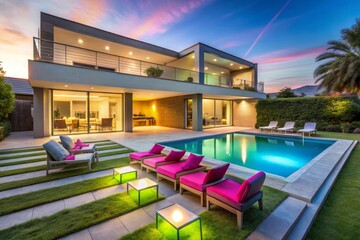 Fototapeta premium A house with neon lights on the front and a sign that says'smart house