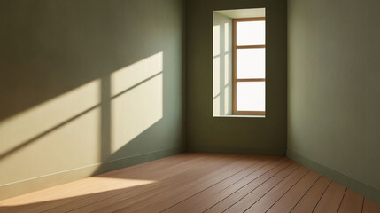 Fototapeta premium Empty room corner with light and shadows from window on green walls and wooden floor