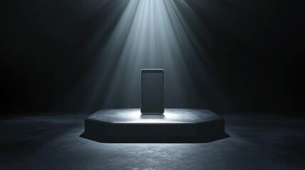 A smartphone is displayed on a pedestal, illuminated by dramatic lighting in a dark setting.