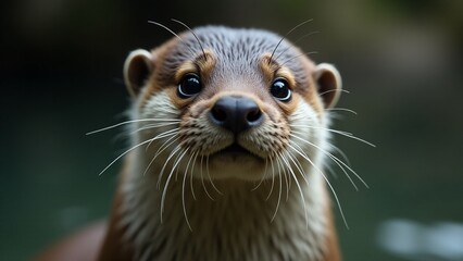 Fototapeta premium A close-up of an otter’s face, highlighting its playful eyes, whiskers, and wet fur in a watery setting.