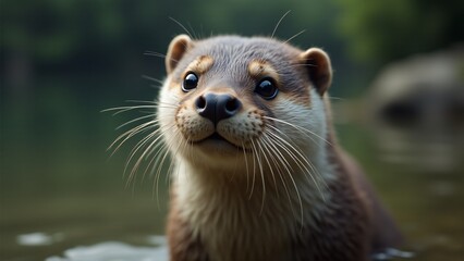 Obraz premium A close-up of an otter’s face, highlighting its playful eyes, whiskers, and wet fur in a watery setting.