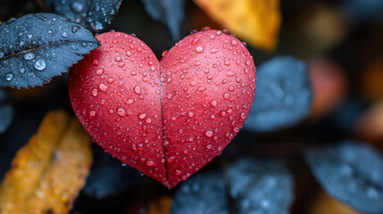 Fototapeta premium vibrant red heart shaped object adorned with droplets rests among dark green leaves, creating striking contrast. This evokes feelings of love and nature beauty