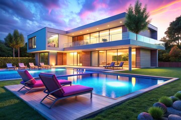 Fototapeta premium The house is lit up with aThe futuristic modern glass and metal house is lit up with neon colored lights neon light