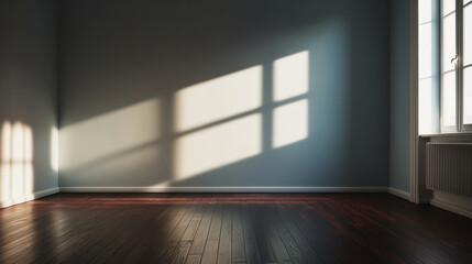 Obraz premium Empty room corner with light and shadows from window on blue walls and wooden floor